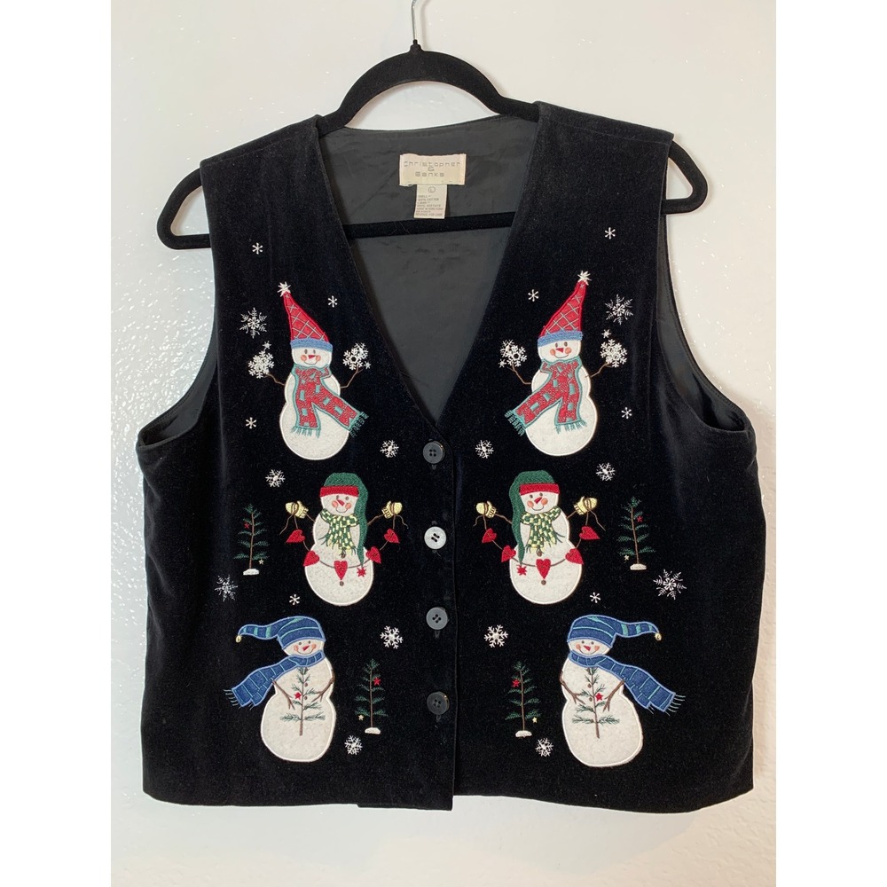 Christopher & Banks Vest Women L Black Snowman Holiday Christmas Velvet Teacher